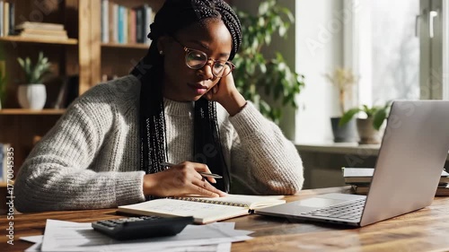Focused african american woman engaged in home study with laptop and notepad in natural lighting