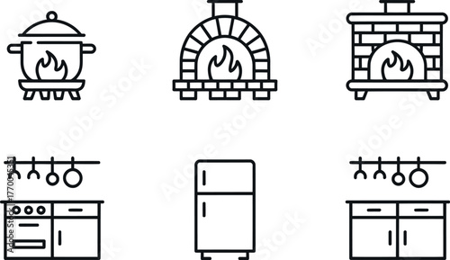 Minimalist line art icons set featuring cooking appliances and kitchen furniture for modern designs vector