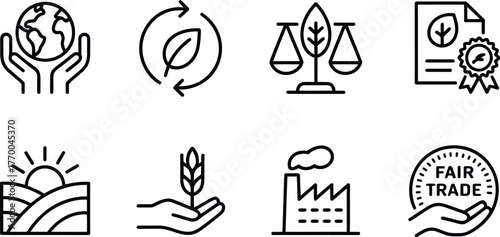 Set of eight minimalist line art icons representing sustainability ecology farming and fair trade concepts vector