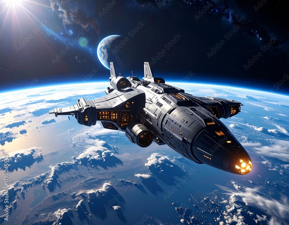 custom made wallpaper toronto digitalFuturistic spaceship soaring above a vibrant blue planet and a distant moon