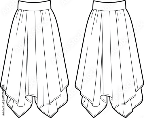 CAD drawing flat vector illustration, fashion technical sketch of handkerchief hem skirt, flared asymmetric skirt template, sewing garment design vector