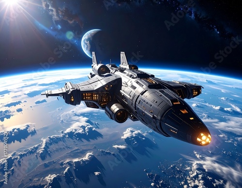 Wallpaper Mural Futuristic spaceship soaring above a vibrant blue planet and a distant moon Torontodigital.ca