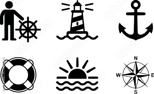 Six black and white nautical icons set for maritime and coastal themes vector
