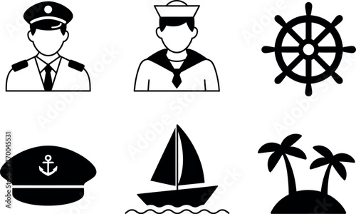 Set of six black and white nautical icons featuring captain sailor ship wheel hat boat and palm trees vector
