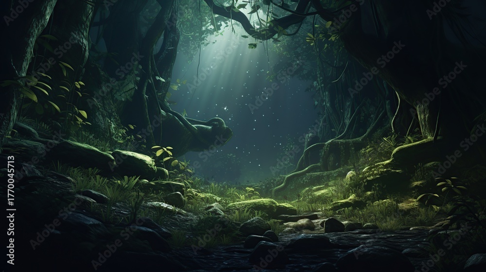 Obraz premium A mystical and eerie ancient forest with dd sunlight filtering through the dense canopy onto moss-covered ruins.