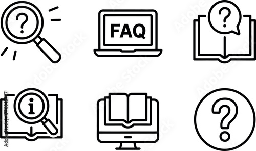 Set of six simple line art icons representing questions help information and faqs vector