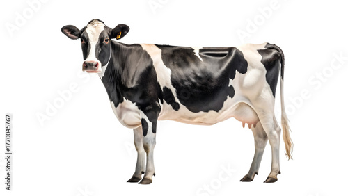 Foto Black and white holstein friesian cow standing against a black background