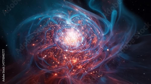 Celestial Nebula: An expansive cosmic nebula swirls with radiant hues of blue and orange, filled with swirling gasses and stellar radiance.