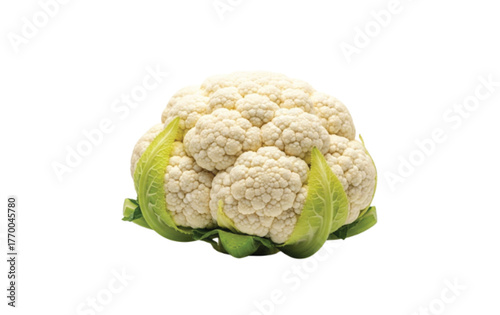 A single fresh head of white cauliflower with green leaves, isolated on a clean white background.