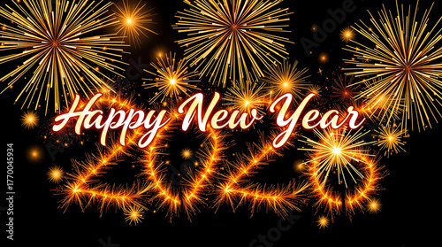 Happy New Year 2026 background with glowing sparkler typography, golden fireworks, and dramatic night sky illumination.
