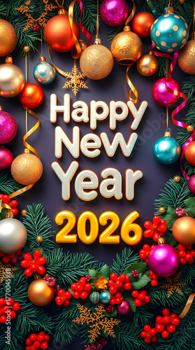 Happy New Year 2026 background framed with pine branches, red berries, and glowing ornaments in festive contrast.
