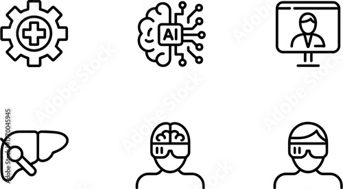 Set of six medical technology icons featuring ai brain gear and healthcare innovations vector