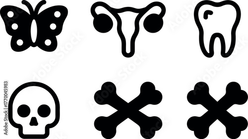 Set of six black and white medical and scientific icons including butterfly skull and uterus vector