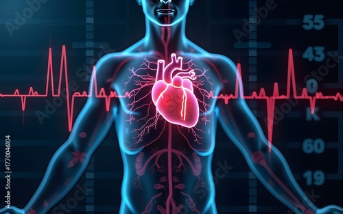 futuristic software interface for medical and scientific purpose, patient monitoring software, human heart scanner, front view (3d software). High quality