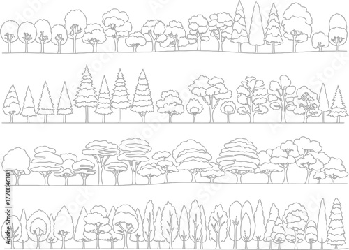Collection of four distinct black and white sketchy line art illustrations of various dense tree silhouettes representing a forest or park landscape