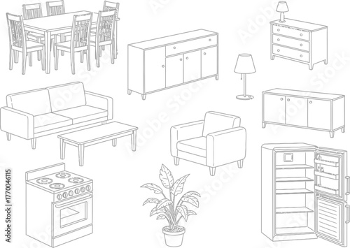 Collection of detailed architectural line drawings illustrating various building facades and structural elements in black and white