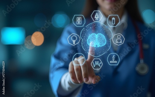 Health technology with AI and medical icons on a blurred backgro. High quality