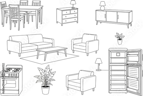 Collection of hand drawn sketch illustrations of various furniture pieces and home decor items isolated on white background