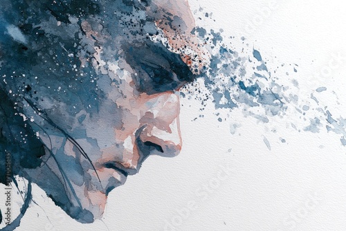 Watercolor artwork depicting a side profile of a face, with blue-toned details dissolving into the air
