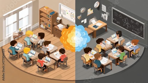 Day and Night Classroom: A split image showing a classroom transitioning from bright daylight to the darkness of night, with students engaged in their studies.
