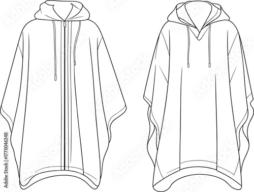 CAD drawing flat vector illustration, fashion technical sketch of hooded poncho, zip front outerwear template, garment design outline, clothing vector
