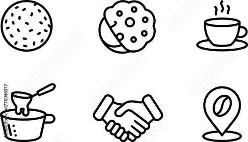 Set of six simple line art icons depicting coffee shop and business concepts vector