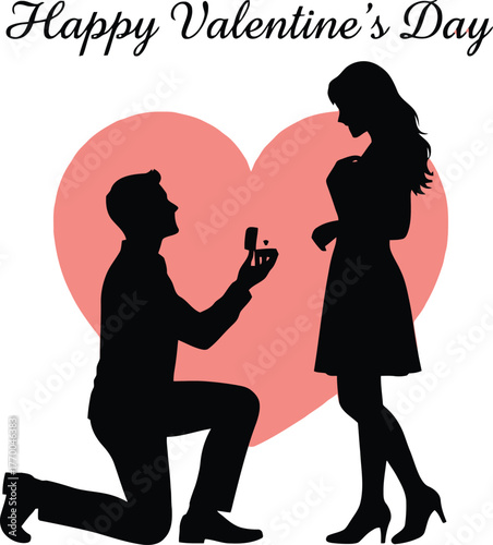 Silhouette of a man proposing to a woman with a heart in the background, isolated on white background.