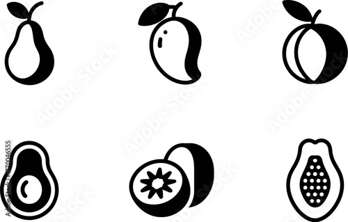 Six minimalist black and white fruit icons set pear mango peach avocado kiwi papaya simple flat design vector