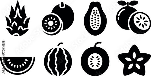 Collection of eight exotic tropical fruit icons silhouette set healthy food graphics vector