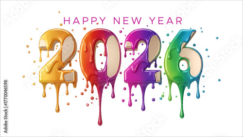 Happy New Year 2026, Vibrant  colorful numbers, confetti, and melting  typography.