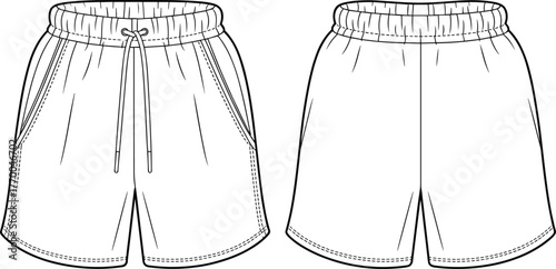 Cad drawing flat vector illustration of men elastic waist shorts front and back view, fashion technical sketch, clothing design template