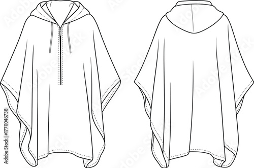 Cad drawing flat vector illustration of poncho hoodie front and back view, fashion technical sketch, clothing design template, apparel outline
