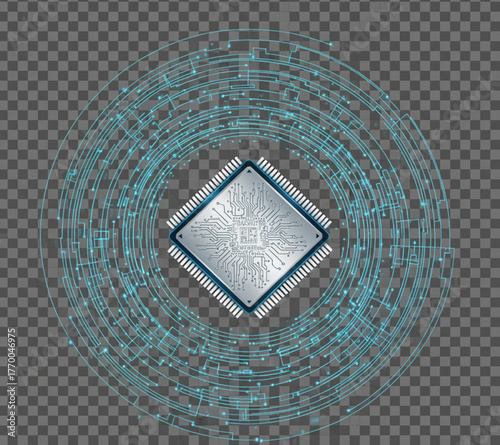 Advanced central processing unit at the core of a dynamic digital network, representing data flow and technological innovation in a futuristic circuit design