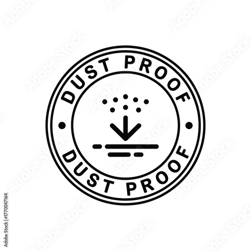 Circular dust proof symbol with downward arrow and particles