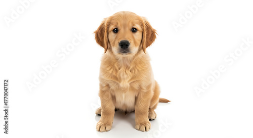 A golden retriever puppy sitting upright looking forward on a plain white background in a studio shot