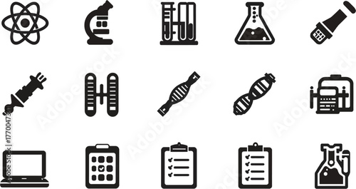 A collection of science-related icons, including a microscope, test tubes, and a DNA double helix, representing scientific concepts and research.