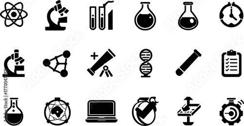 A collection of science-related icons, featuring atoms, microscopes, test tubes, flasks, and other scientific symbols, perfect for educational and technological designs.