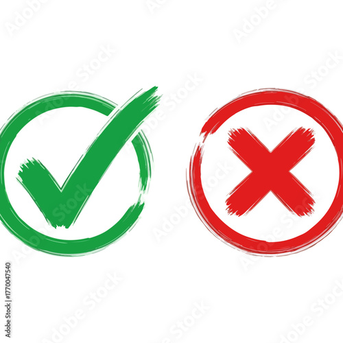 Green Check Mark and Red Cross Symbols Isolated on White Background, Graphic Resources for Success and Failure Concepts
