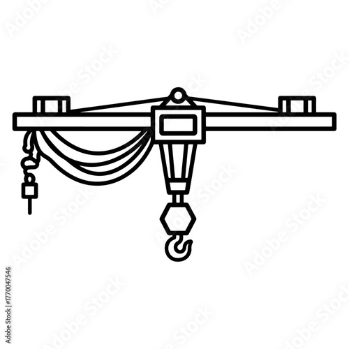 Industrial Overhead Crane Hook and Hoist Mechanism Vector Line Art Illustration, Heavy Lifting Equipment Symbol