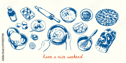 Hand drawn baking set , Whimsical  baking sketch art ingredients and tools, doodle set culinary process for bakery branding, advertising, posters, banners, invitation, card