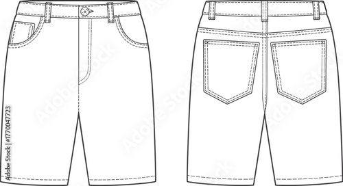 Cad drawing flat vector illustration of denim shorts front and back view, fashion technical sketch, clothing design template, jeans outline