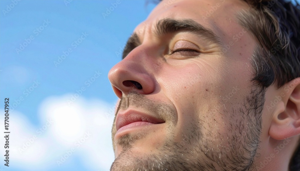 Obraz premium Close-up of face man looking at the sky feeling hope and faith.