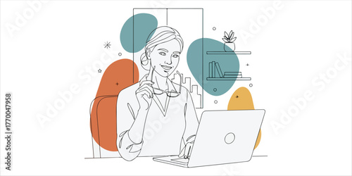 Woman using laptop and thinking while working near large window A refined continuous line art illustration enhanced with abstract color blocks and organic shape
