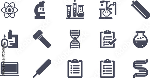 A collection of science-related icons, including a microscope, test tubes, atom symbol, and DNA strand, representing scientific research and discovery.