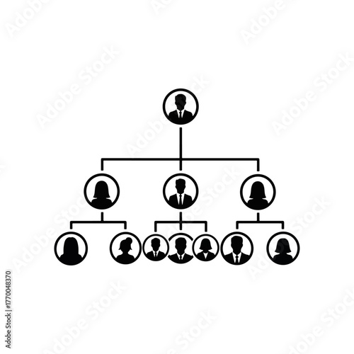 Organizational Chart Hierarchy Tree Diagram with Business People Icons Representing Corporate Structure and Management Levels