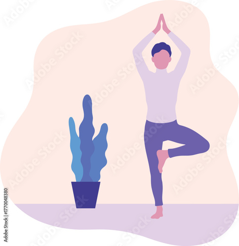 Woman Performing Yoga Tree Pose Vector Illustration Wellness Exercise Meditation Healthy Lifestyle Balance.