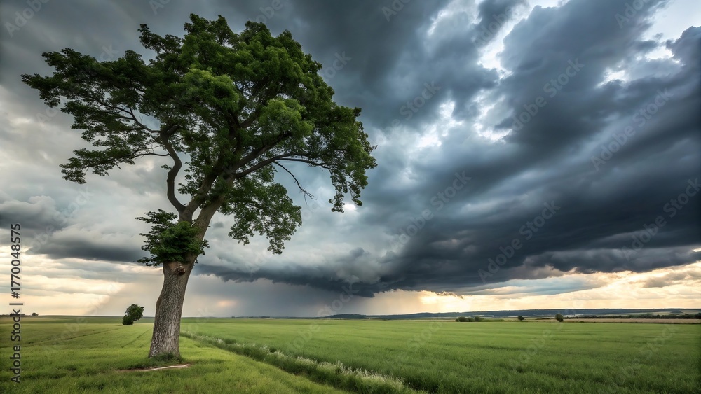 Fototapeta premium Lone tree in open field beneath dramatic cloudy sky, moody landscape nature photography