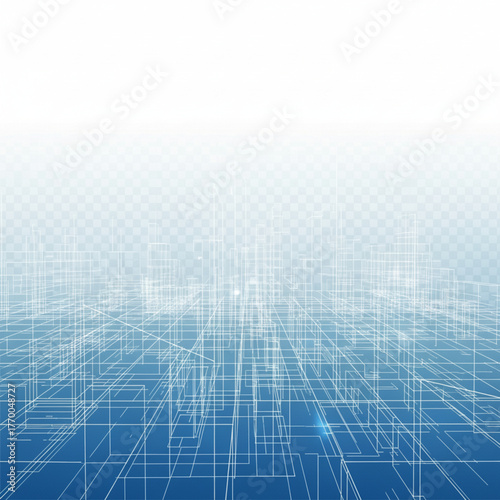 Abstract futuristic background with a digital wireframe city grid receding into a virtual perspective landscape