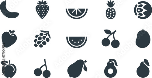 A collection of various fruit icons, including bananas, strawberries, oranges, pineapples, and cherries, are depicted in this simple, elegant illustration.