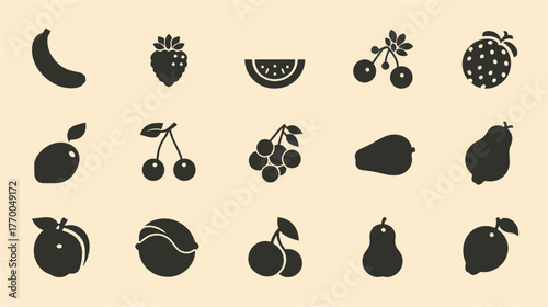 A collection of various fruit icons, including a banana, strawberry, watermelon slice, cherries, orange, lemon, grapes, and more, on a beige background.
